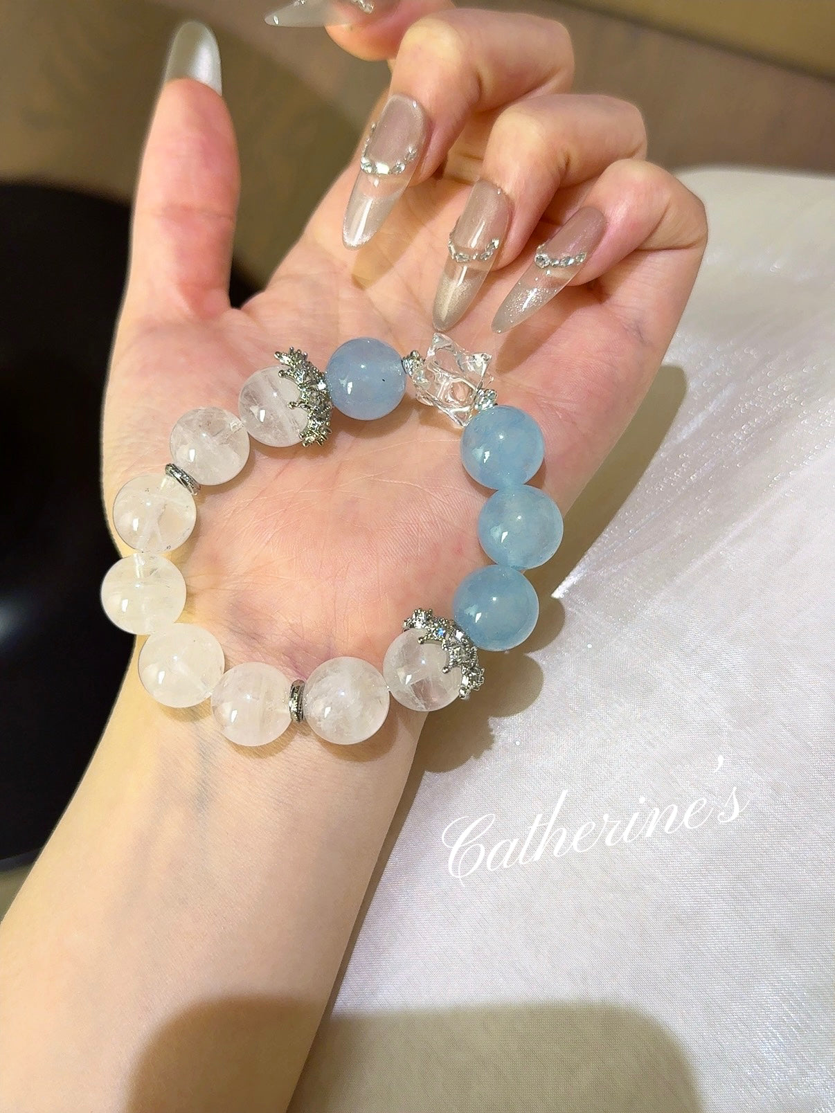 🔵⚪️ Blue Chalcedony White Phantom White Crystal Merkaba Bracelet Inspire Creativity | Harmonize Relationships | Soothe Emotions | Attract Prosperity